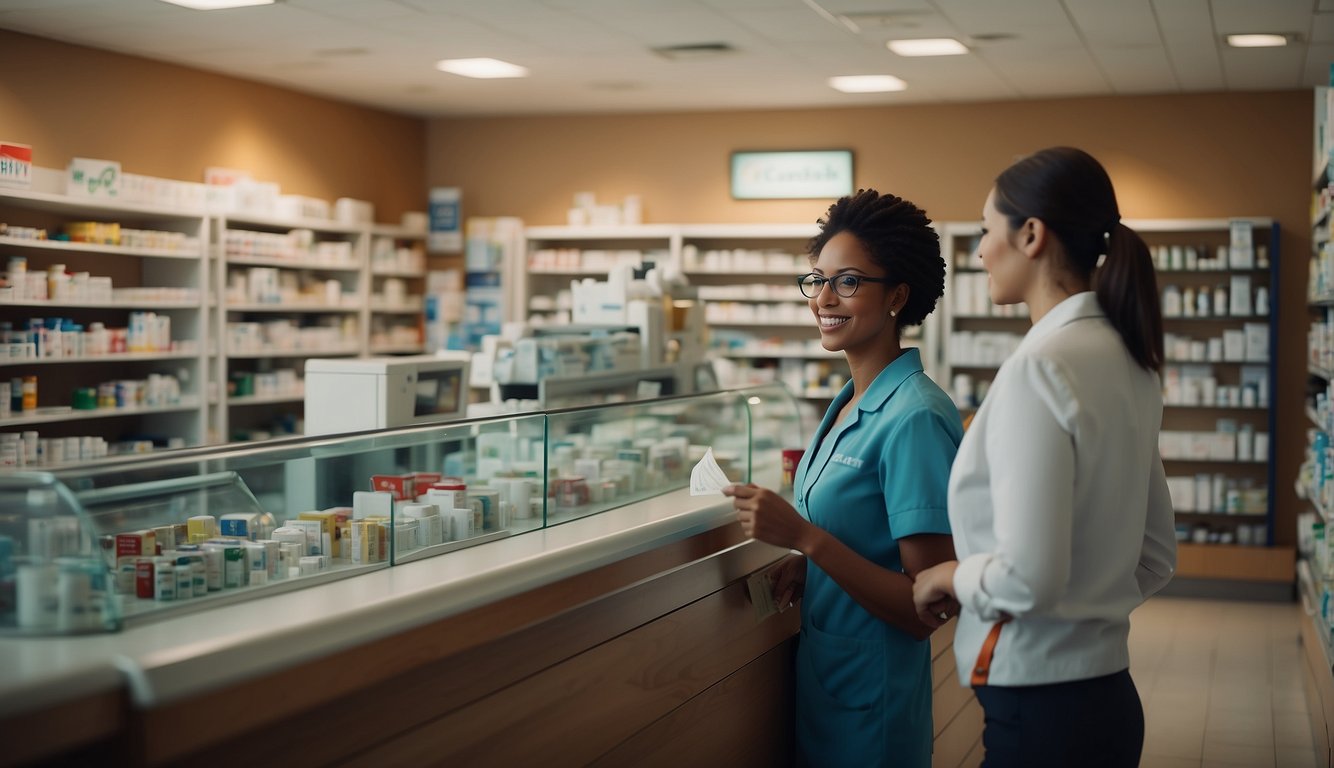 A pharmacy with a prominent "Cashback" sign, customers making purchases, and a cashier handing back money