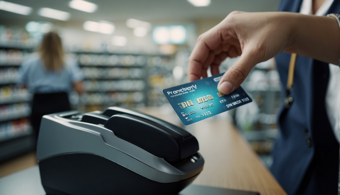A customer swiping their loyalty card at the pharmacy checkout, receiving cashback rewards on their purchase