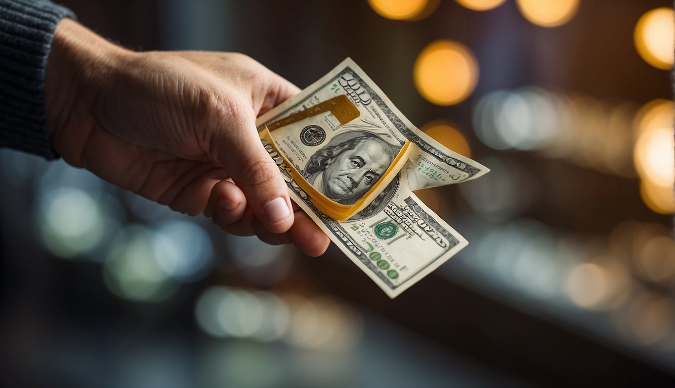 A person holding cash in one hand and a rewards card in the other, with arrows pointing from the cash to the card, symbolizing the choice between cashback and reward points