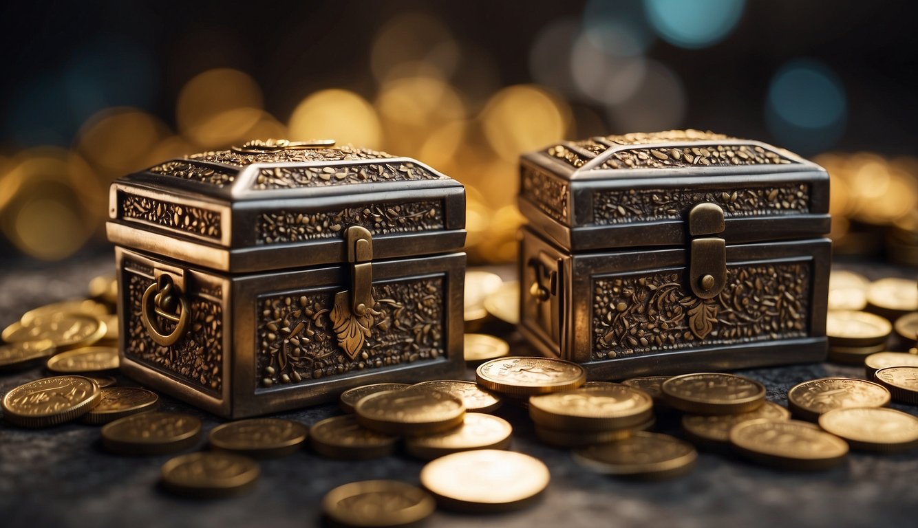 A comparison between cashback reward points and regular reward points, with cashback points depicted as a path leading to a treasure chest, and regular points as scattered coins