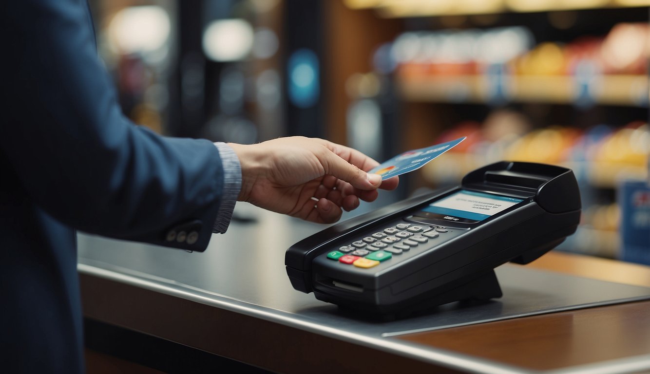 A customer swiping a credit card at a store checkout, with a cashback offer displayed on the screen