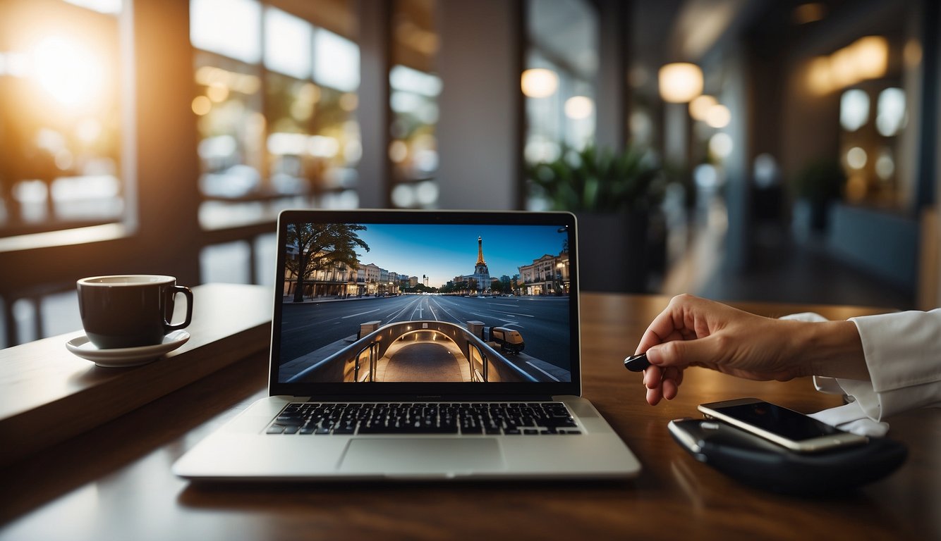 A person booking a hotel and transportation online, receiving cashback for maximizing savings on travel expenses