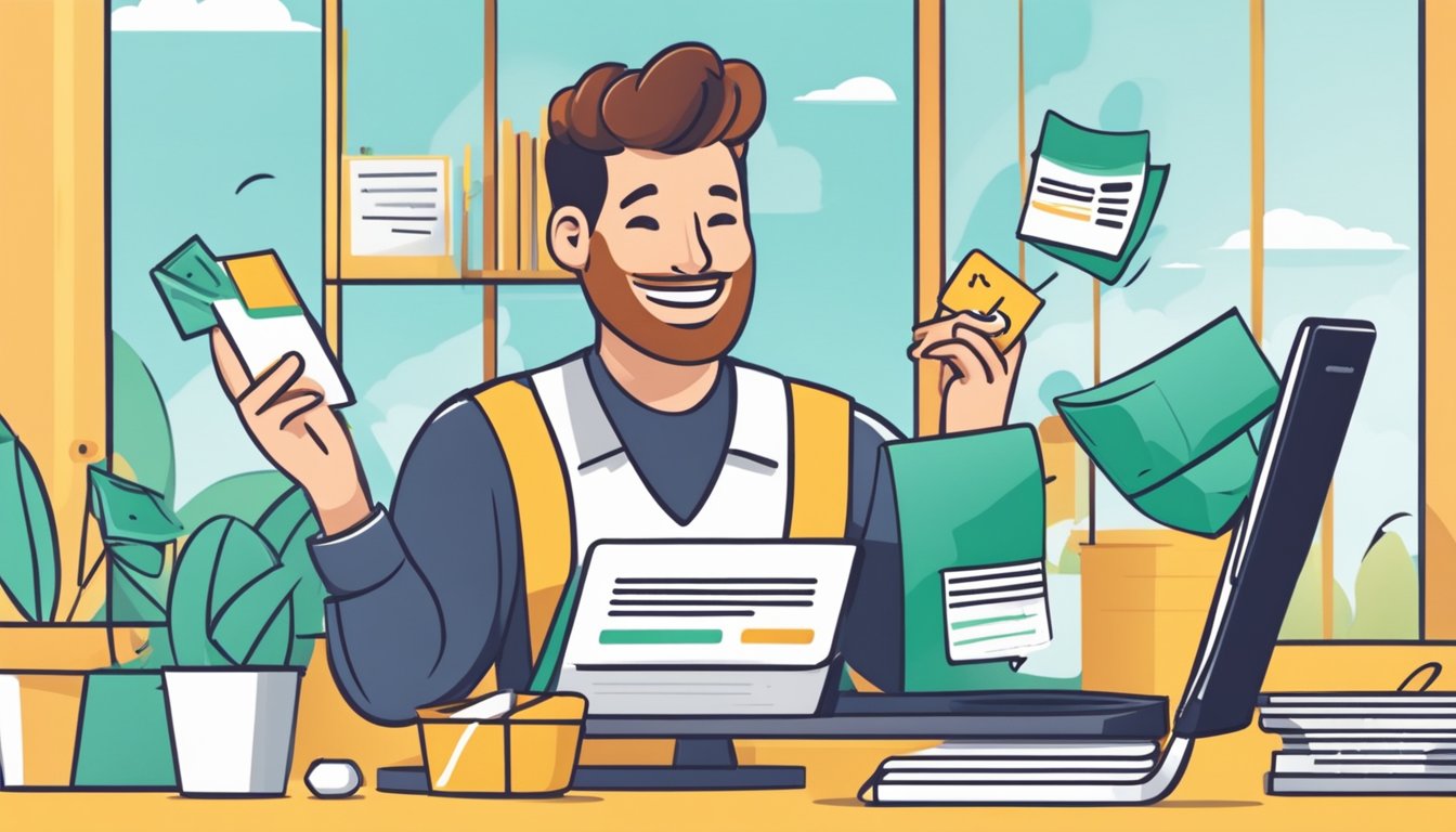A person happily pays a bill online while earning cashback. The screen shows the cashback amount increasing as the payment is processed