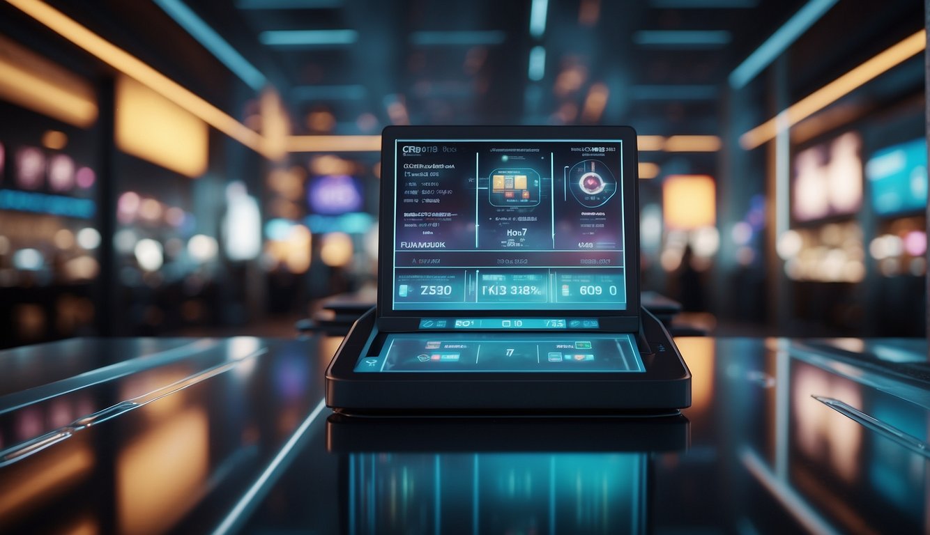 A futuristic cashback system with holographic displays and seamless digital transactions