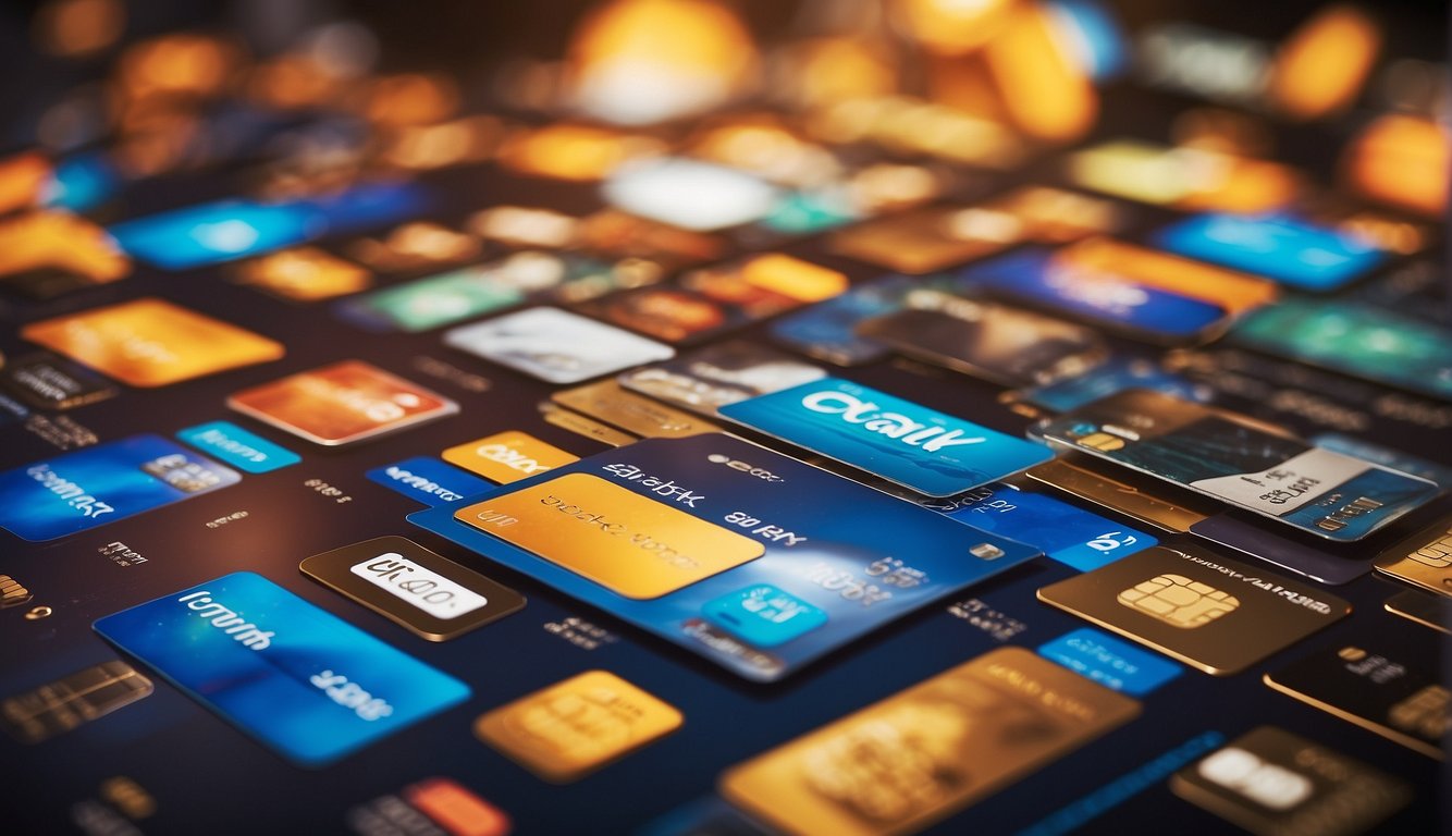 A colorful display of cashback offers and credit card promotions, with enticing rewards and discounts