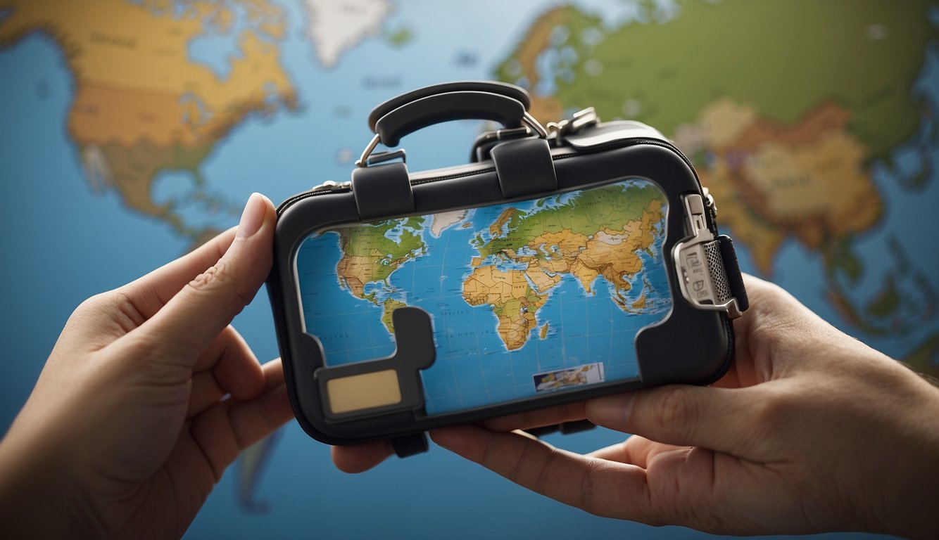 A traveler holding a suitcase and a cashback card, surrounded by a world map and various travel destinations